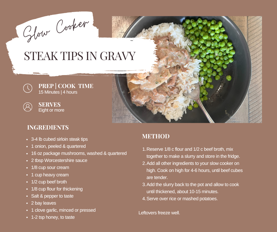 slow cooker crock pot steak tips in gravy recipe card